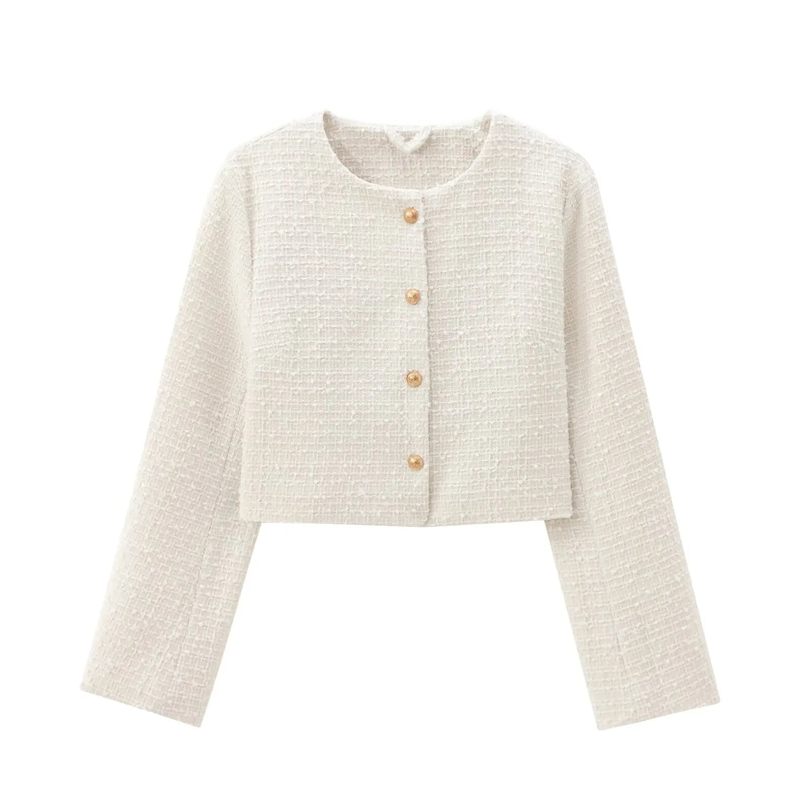 Casaco Feminino de Tweed com Gola O e Botões Dourados - DermeBela