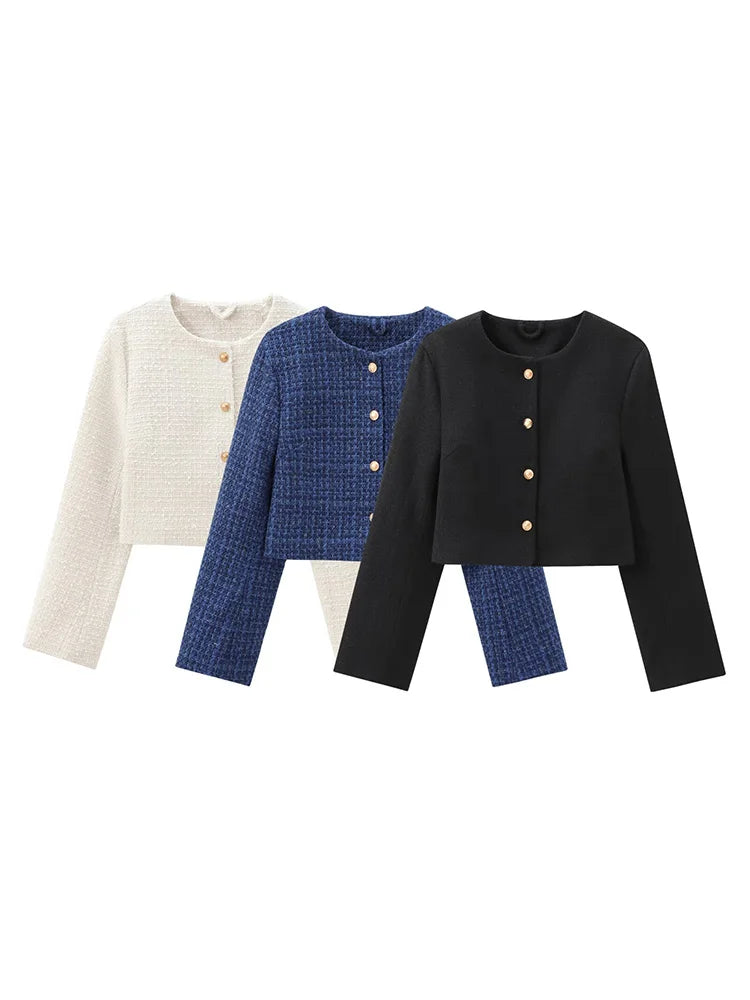 Casaco Feminino de Tweed com Gola O e Botões Dourados - DermeBela