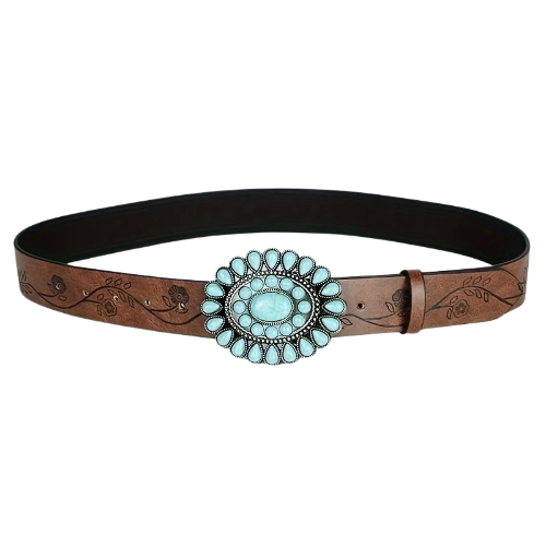Cinto Clássico Ocidental com Relevo e Fivela Turquesa - DermeBela