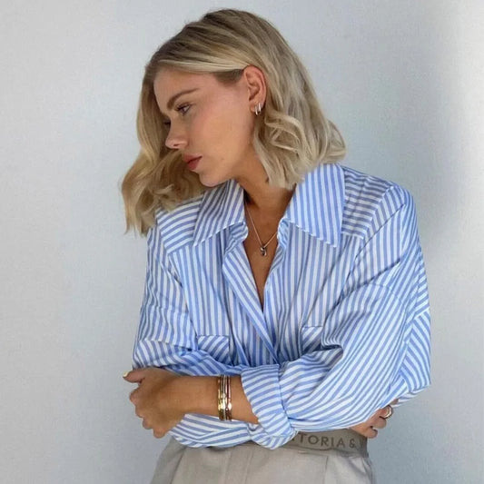 Camisa Feminina Casual Listrada com Manga Comprida - DermeBela