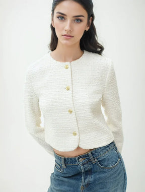 Casaco Feminino de Tweed com Gola O e Botões Dourados - DermeBela