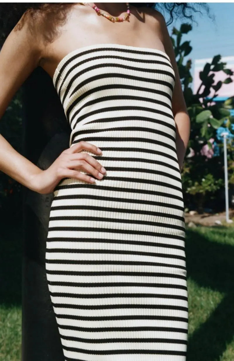 Vestido Midi Listrado com Alças Finas - DermeBela