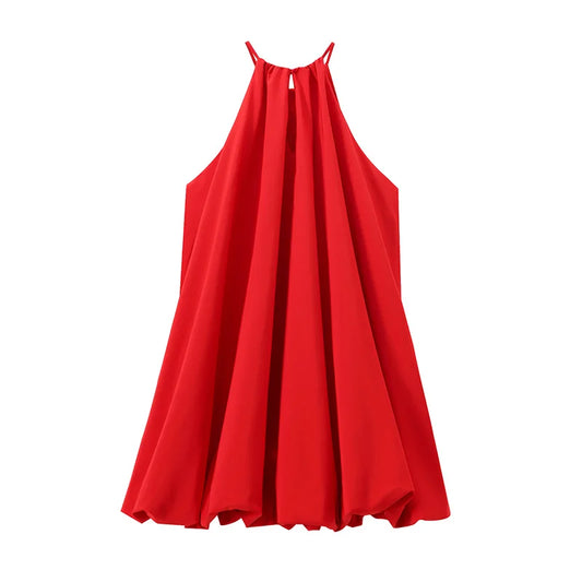 Vestido Plissado Retro Vermelho com Gola Redonda - DermeBela