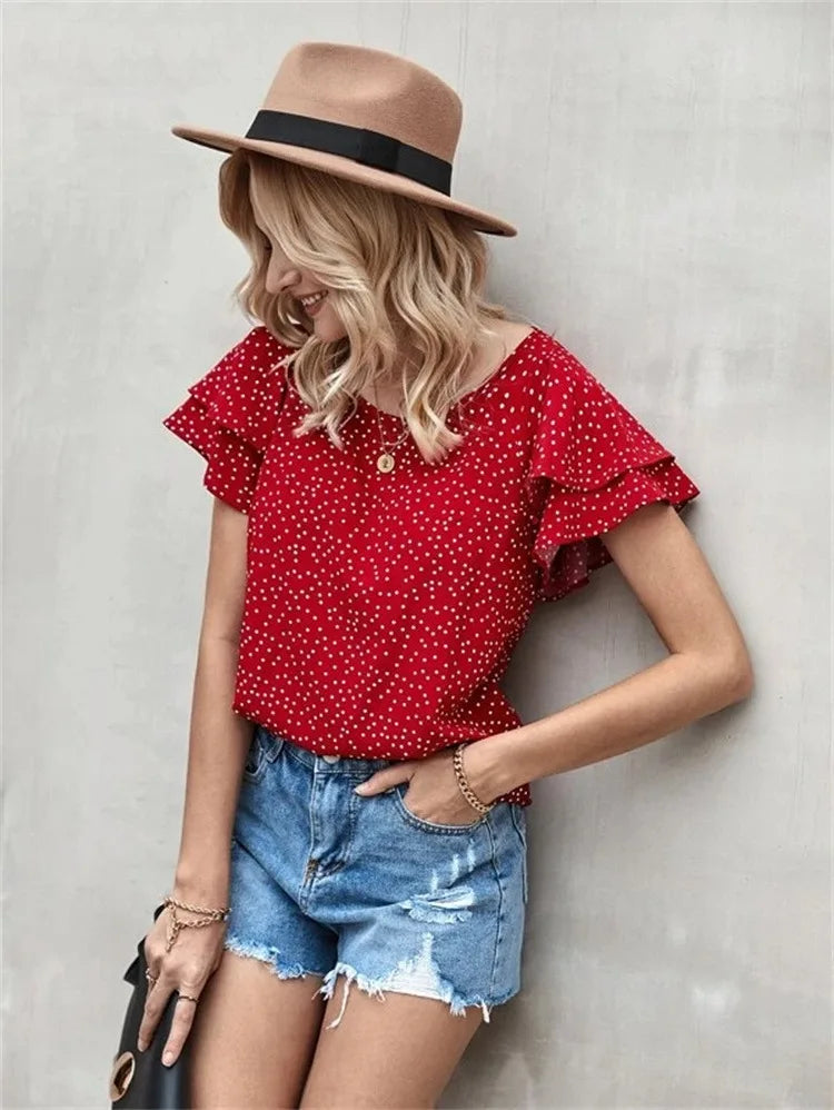 Blusa Estilosa de Manga Curta com Folha de Lótus - DermeBela