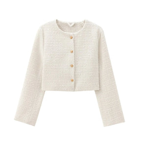 Casaco Feminino de Tweed com Gola O e Botões Dourados - DermeBela