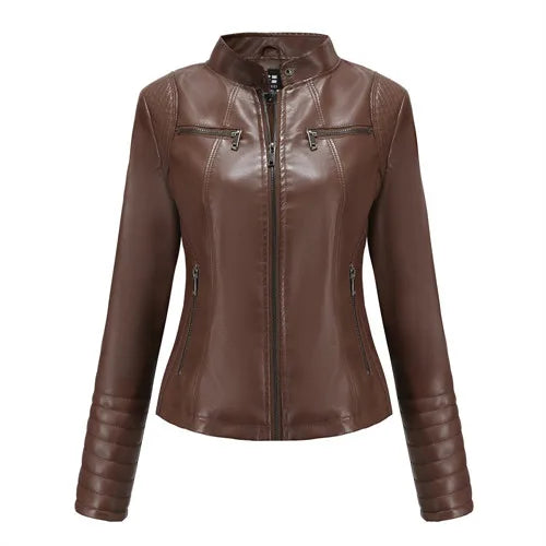 Jaqueta Feminina Couro Slim Gola Alta – DermeBela