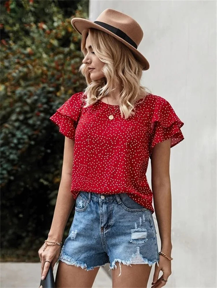 Blusa Estilosa de Manga Curta com Folha de Lótus - DermeBela