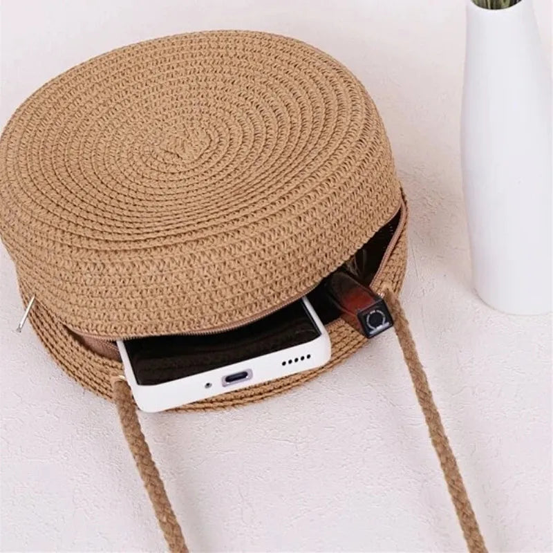 Bolsa de Palha Minimalista Redonda Crossbody - DermeBela