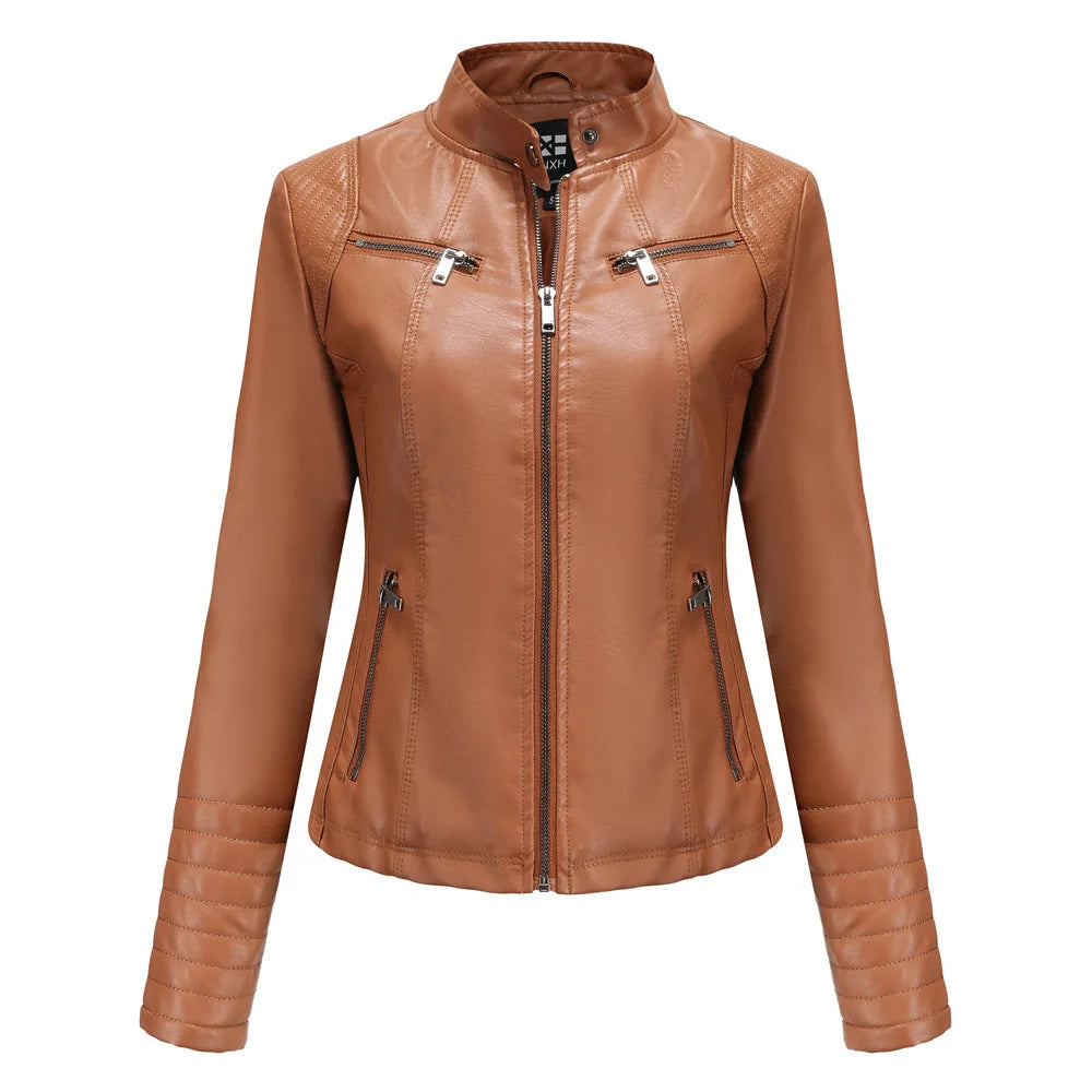 Jaqueta Feminina Couro Slim Gola Alta – DermeBela