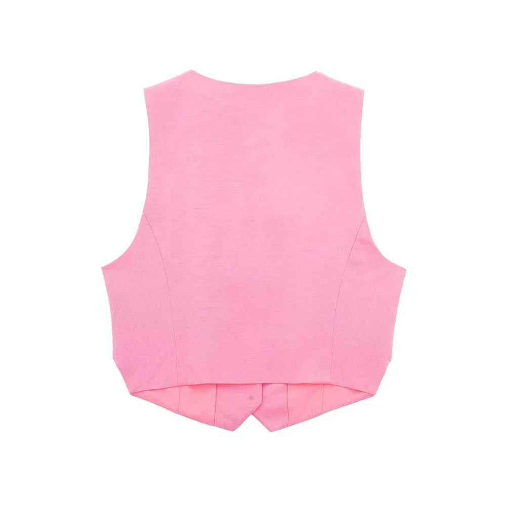 Conjunto Vintage: Colete e Shorts Rosa Monocromático com Gola V - DermeBela
