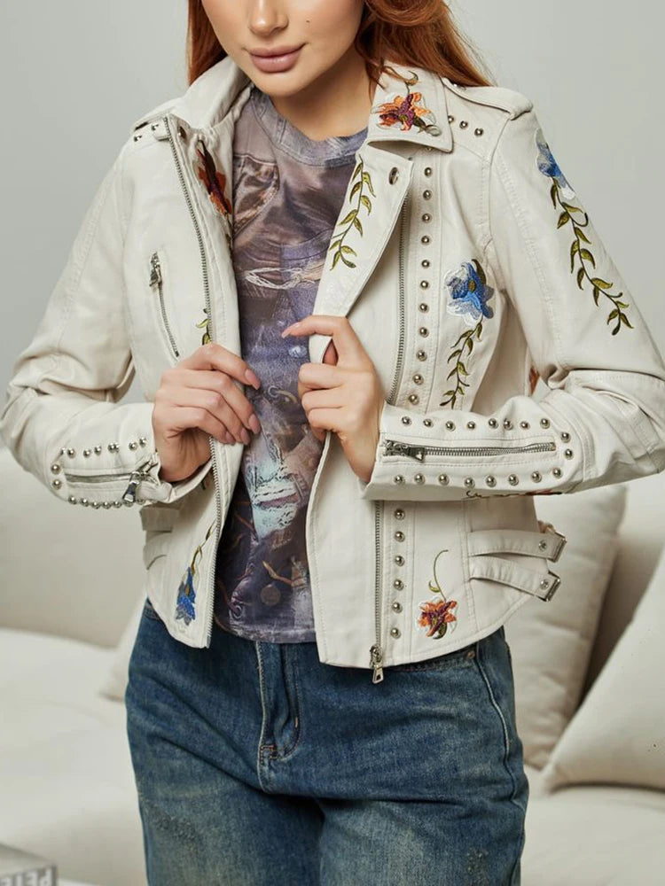 Jaqueta Feminina Floral com Rebites e Zíper - DermeBela