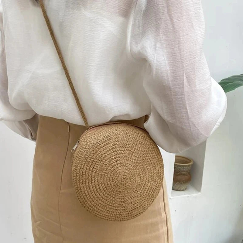 Bolsa de Palha Minimalista Redonda Crossbody - DermeBela