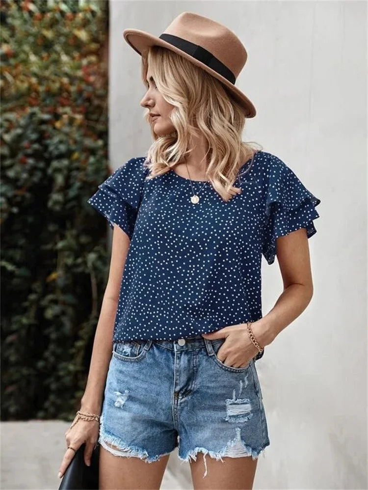 Blusa Estilosa de Manga Curta com Folha de Lótus - DermeBela