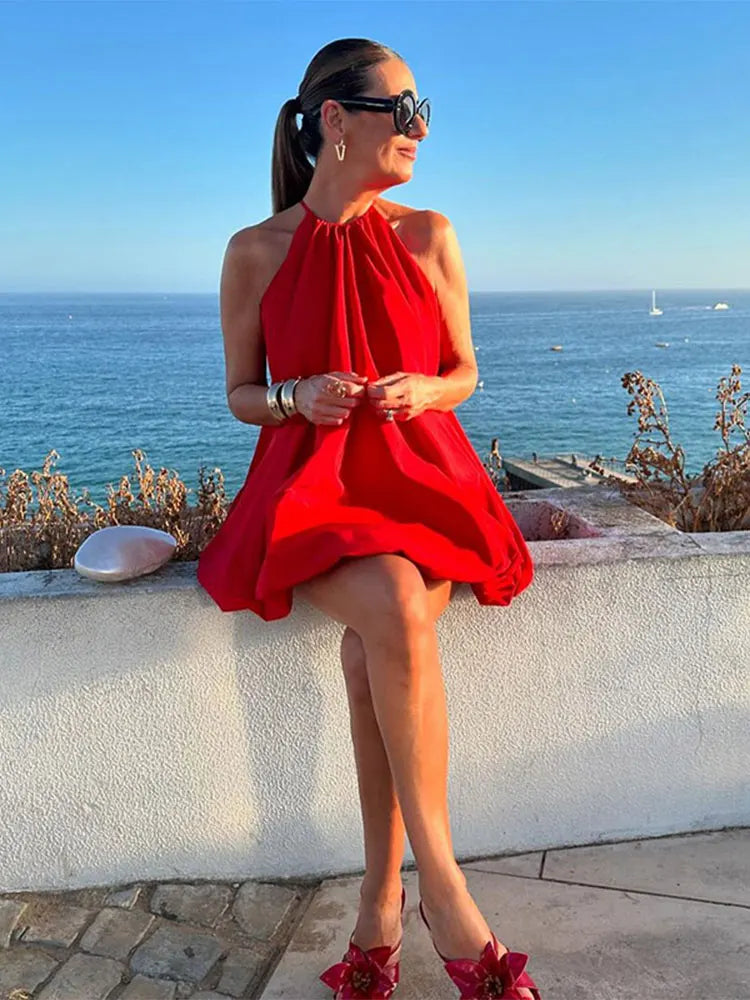 Vestido Plissado Retro Vermelho com Gola Redonda - DermeBela