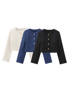 Casaco Feminino de Tweed com Gola O e Botões Dourados - DermeBela